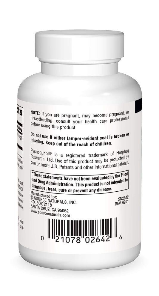 Source Naturals Pycnogenol capsules close-up with 100 mg dose for antioxidant support