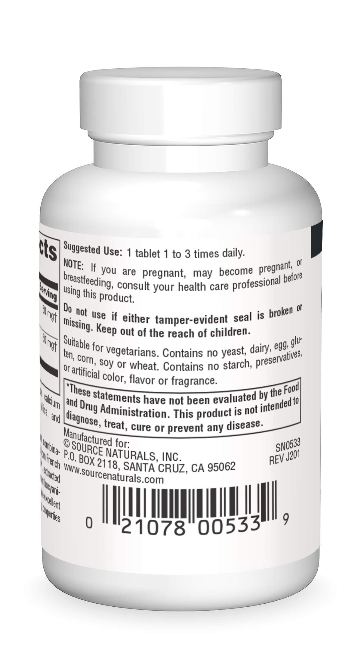 Source Naturals Pycnogenol and Grape Seed Tablets – back view with bottle and label for easy reference and trust.