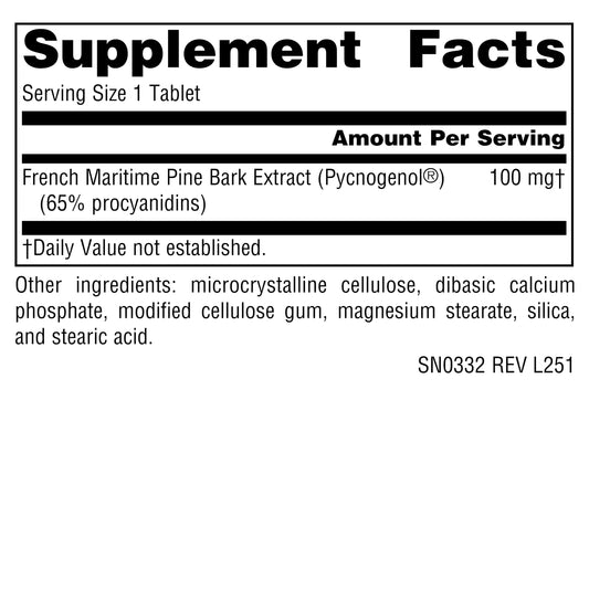 Source Naturals Pycnogenol Proanthocyanidin Complex bottle back with usage directions