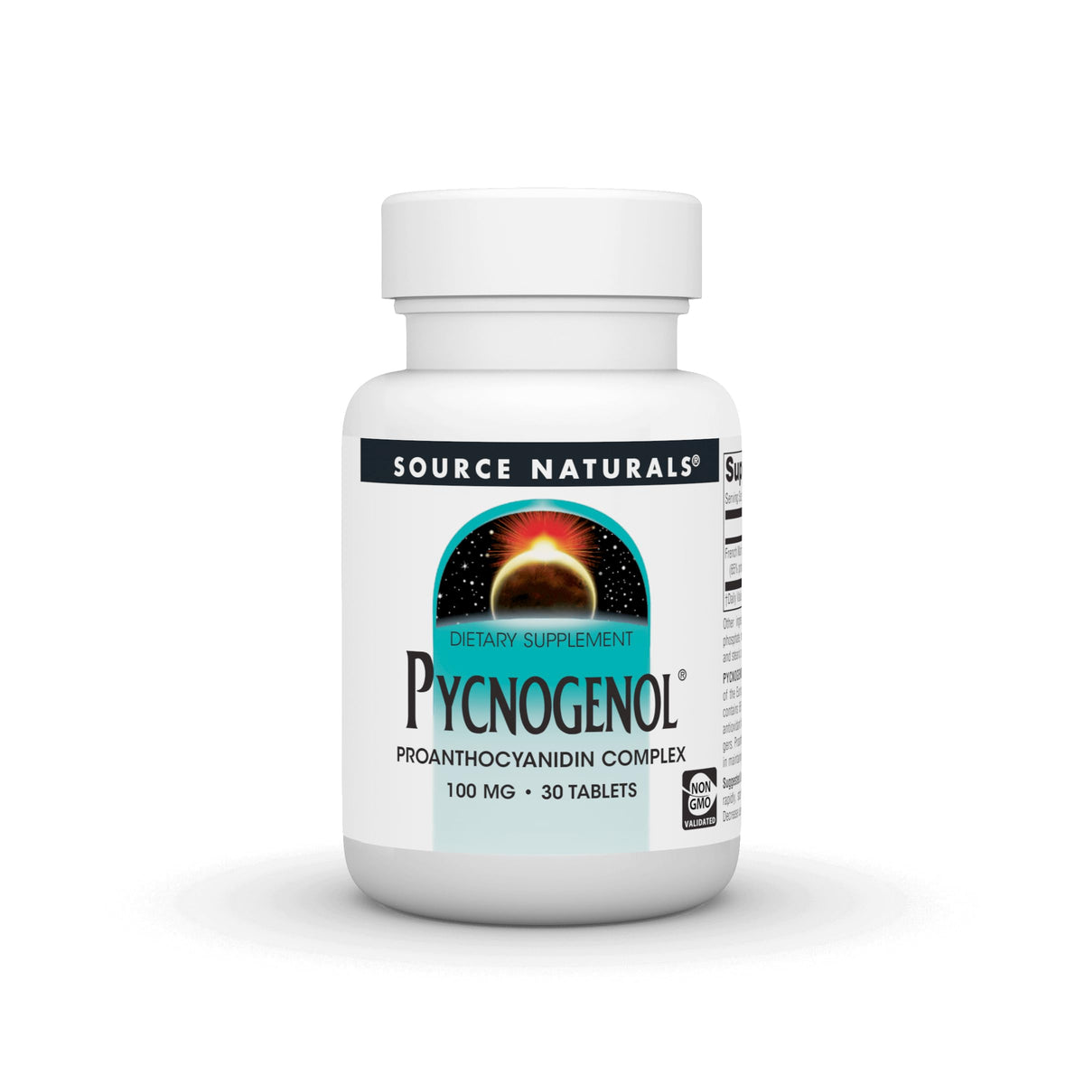 Source Naturals Pycnogenol Proanthocyanidin Complex bottle front showing 100 mg tablets for daily antioxidant support