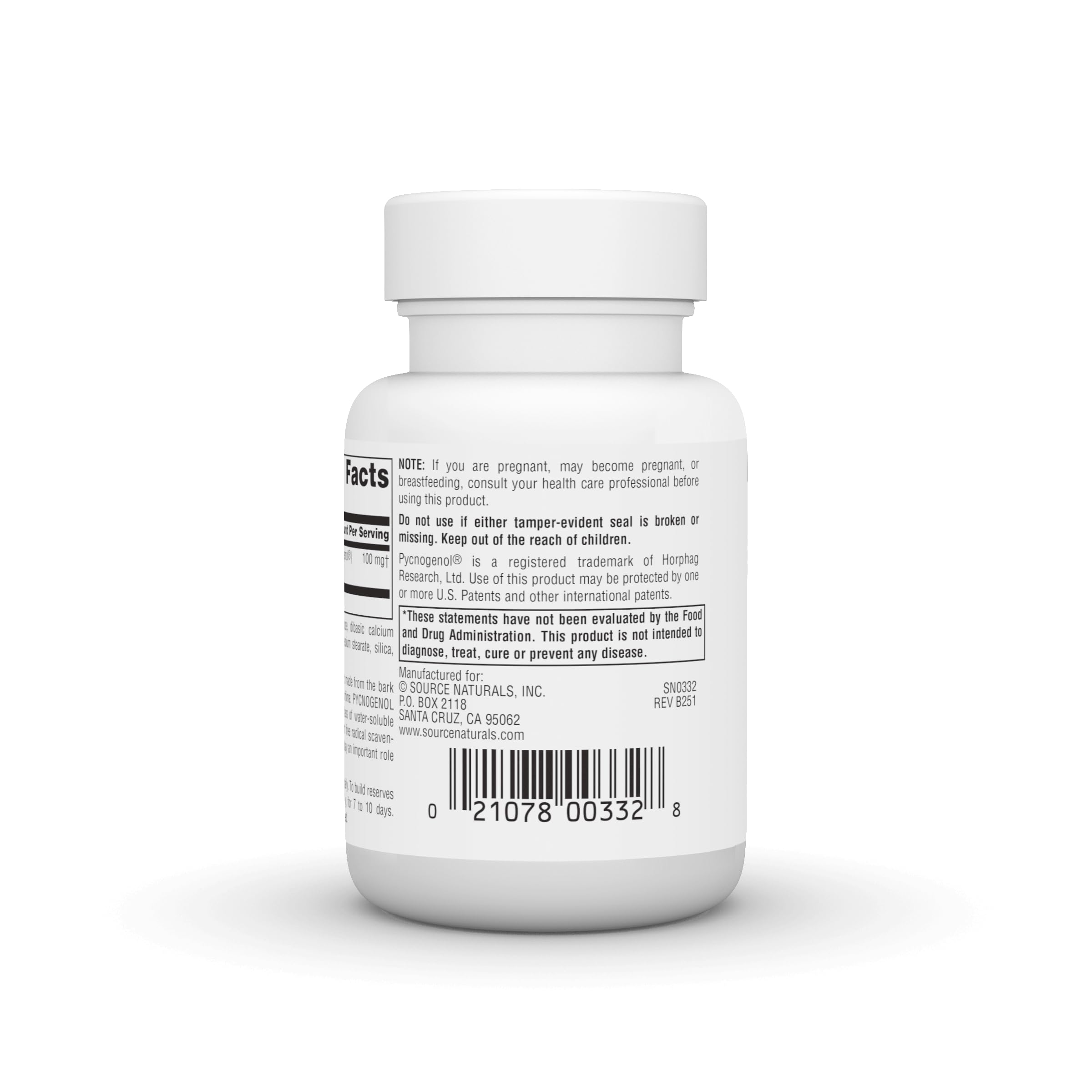 Ingredient list close-up for Source Naturals Pycnogenol Proanthocyanidin Complex showing quality focus