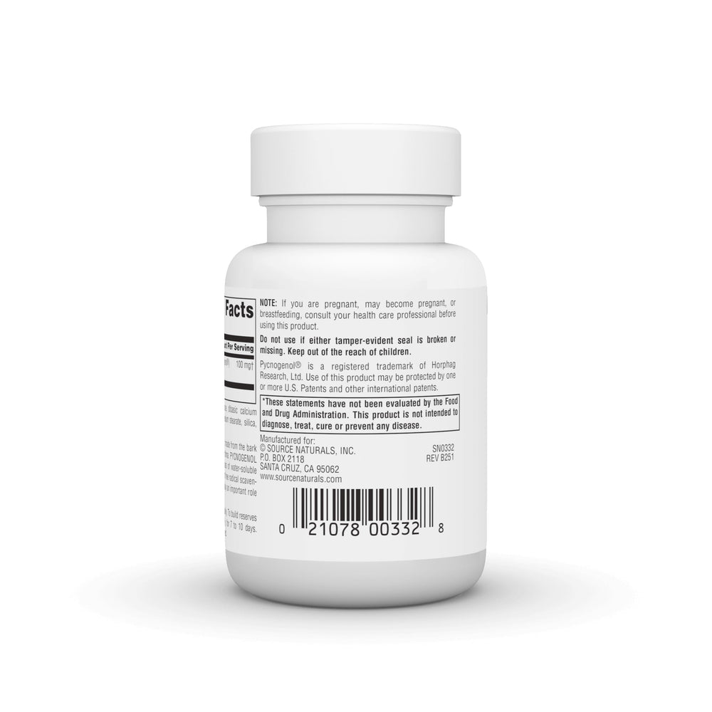 Ingredient list close-up for Source Naturals Pycnogenol Proanthocyanidin Complex showing quality focus