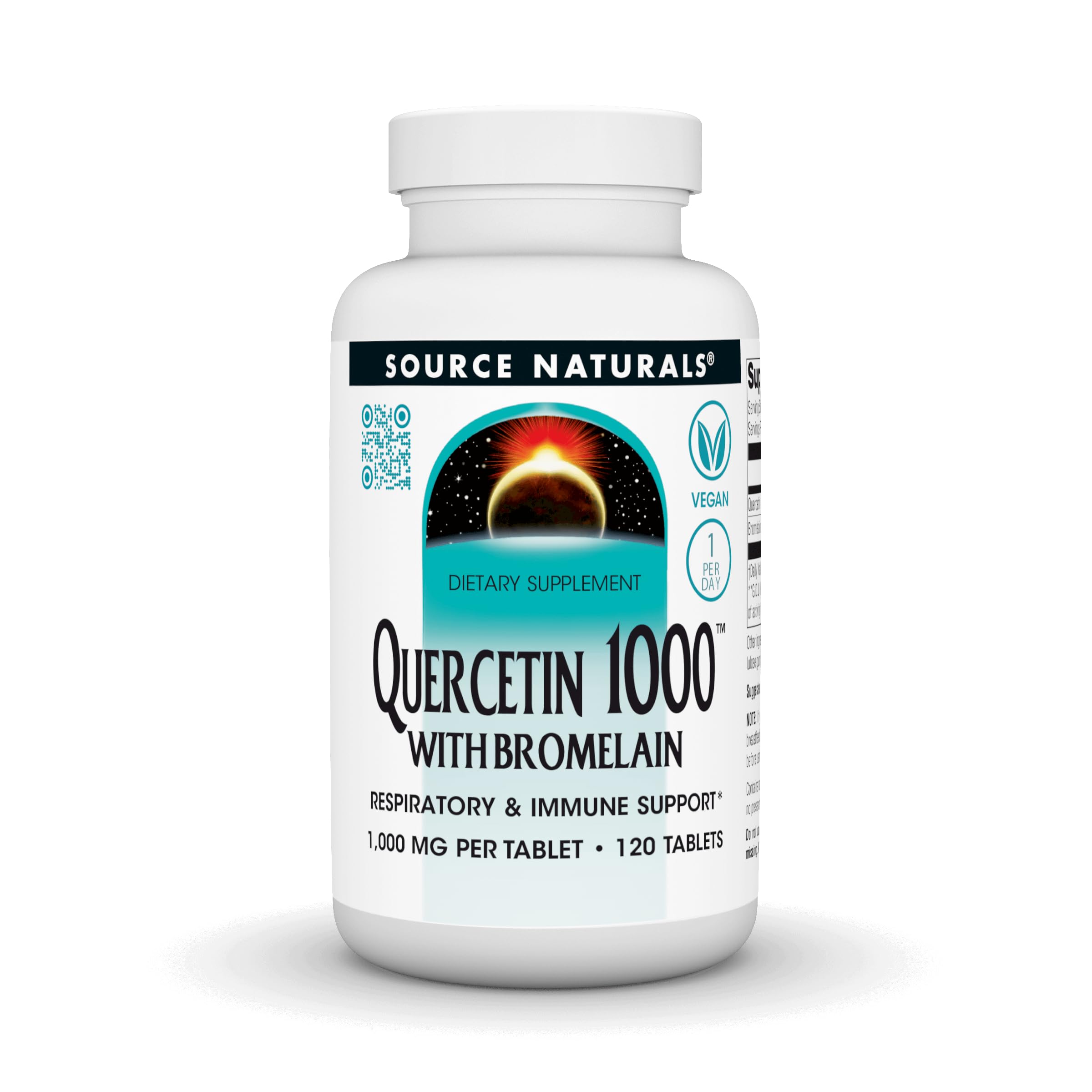Source Naturals Quercetin 1000 with Bromelain bottle on a shelf for respiratory support.