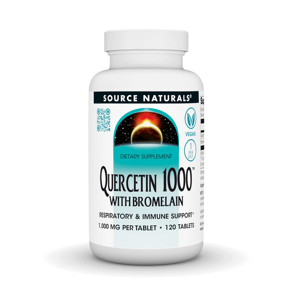 Source Naturals Quercetin 1000 with Bromelain bottle on a shelf for respiratory support.