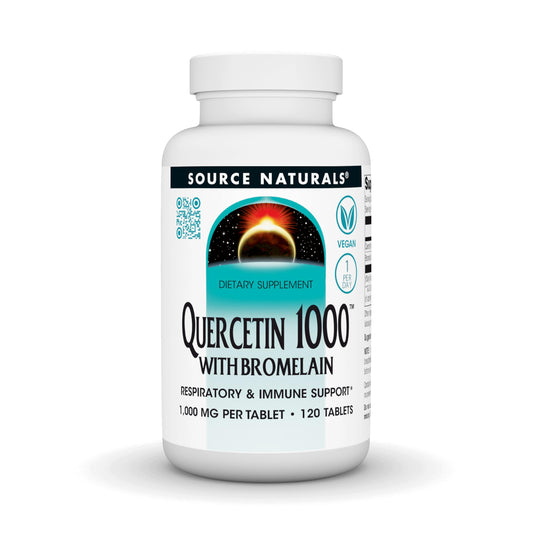 Source Naturals Quercetin 1000 with Bromelain bottle on a shelf for respiratory support.