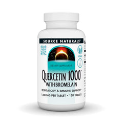 Source Naturals Quercetin 1000 with Bromelain bottle on a shelf for respiratory support.