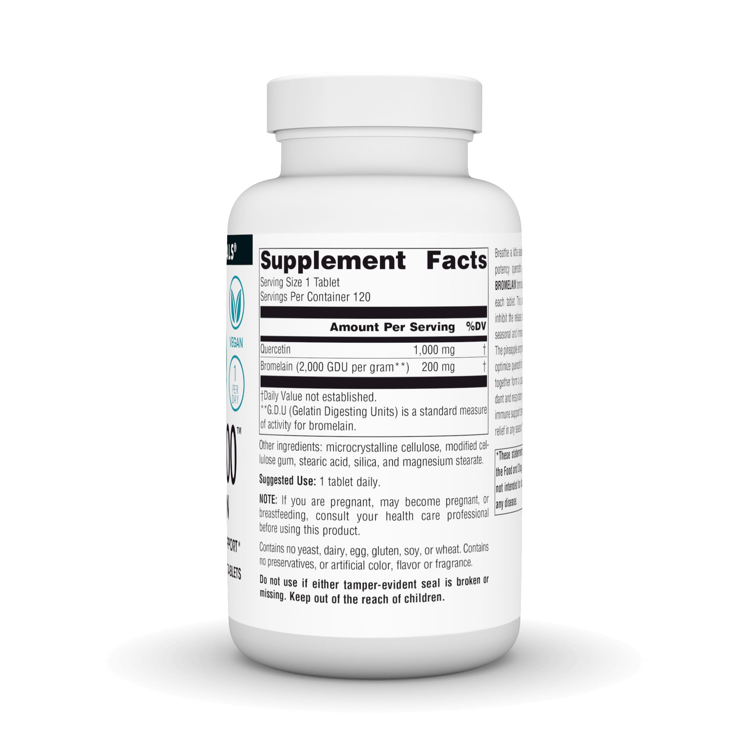 Product label for Source Naturals Quercetin 1000 with Bromelain emphasizes antioxidant benefits.
