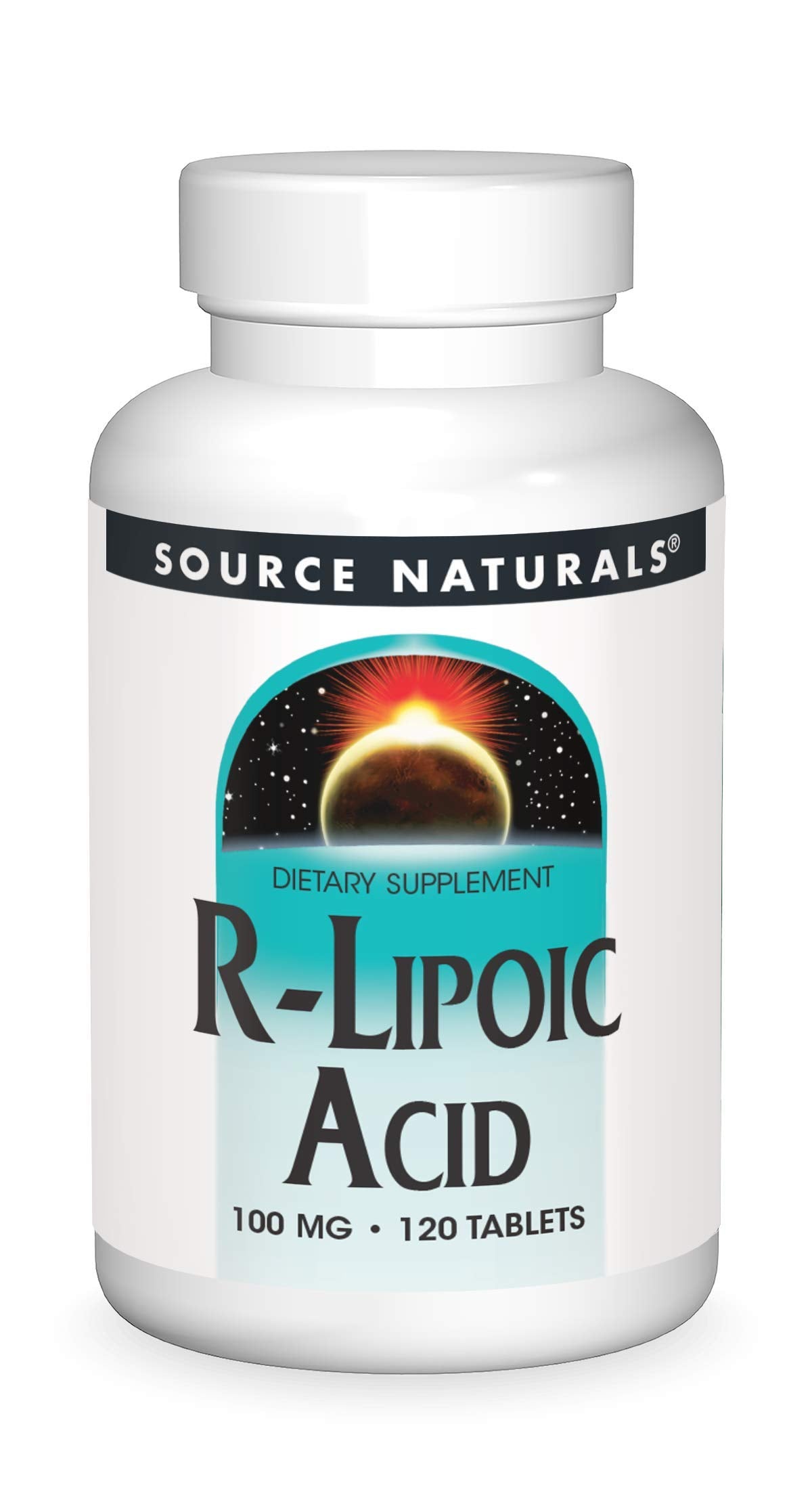 Source Naturals R-Lipoic Acid 100mg tablet front view for antioxidant support.