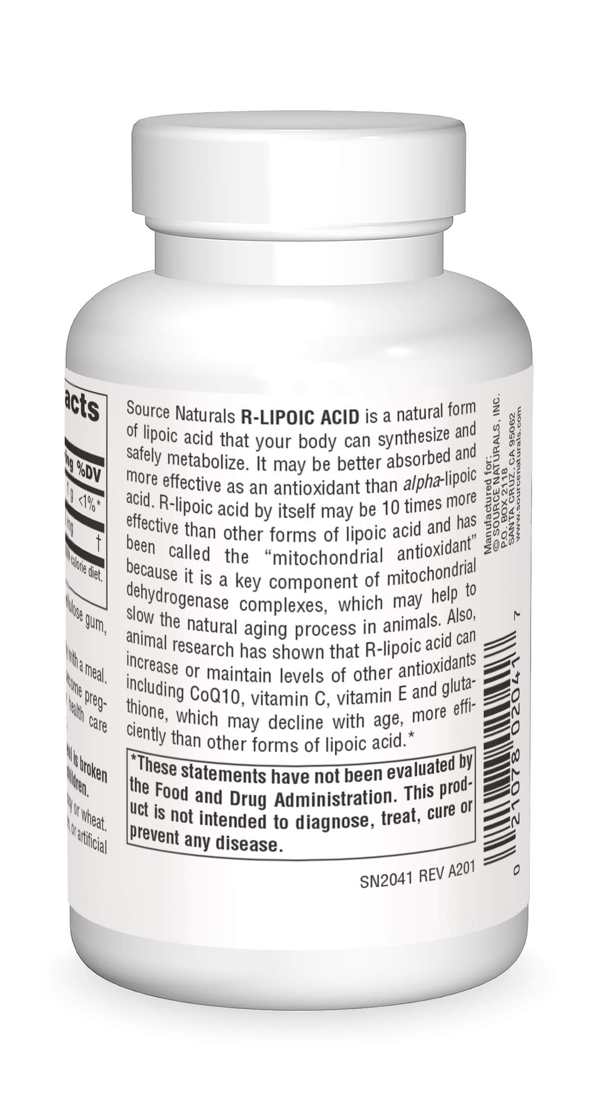 Source Naturals R-Lipoic Acid bottle label highlighting US-made quality.