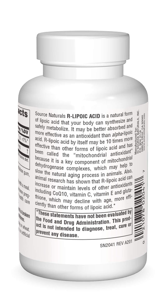 Source Naturals R-Lipoic Acid bottle label highlighting US-made quality.