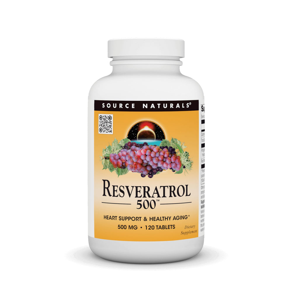 Source Naturals Resveratrol 500 bottle front shows daily support