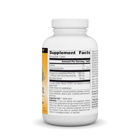 Source Naturals Resveratrol 500 bottle label closeup with brand and ingredients