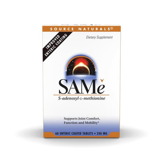 Source Naturals SAMe enteric tablets in blister pack front view protecting ingredients.