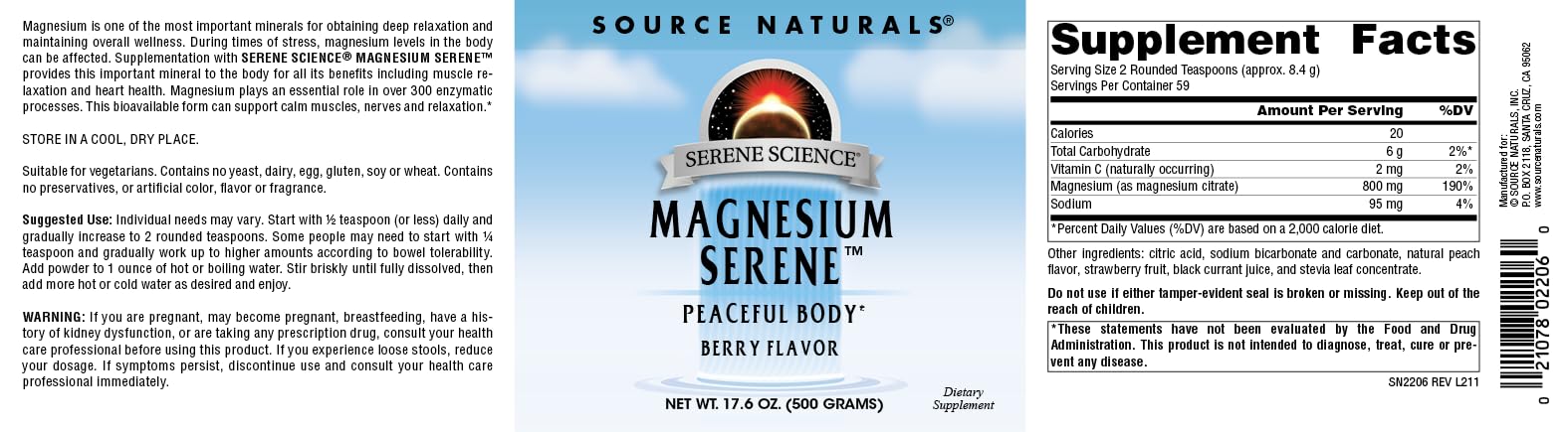 Source Naturals Serene Science Magnesium Serene measuring scoop with powder.