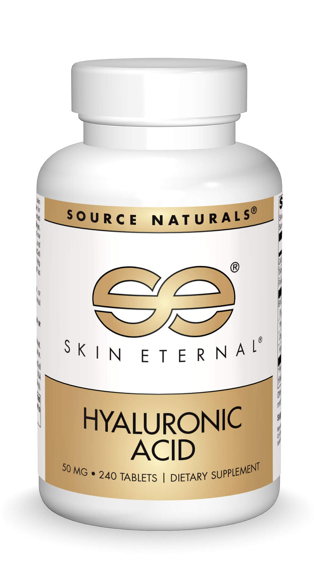 Source Naturals Skin Eternal Hyaluronic Acid bottle with capsules for skin hydration support.