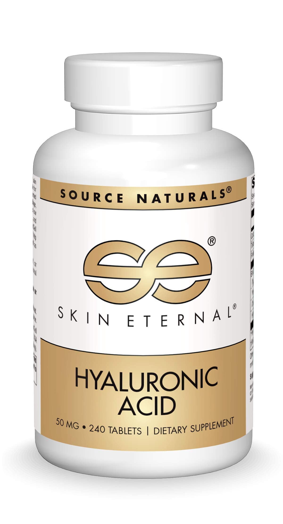 Source Naturals Skin Eternal Hyaluronic Acid bottle with capsules for skin hydration support.