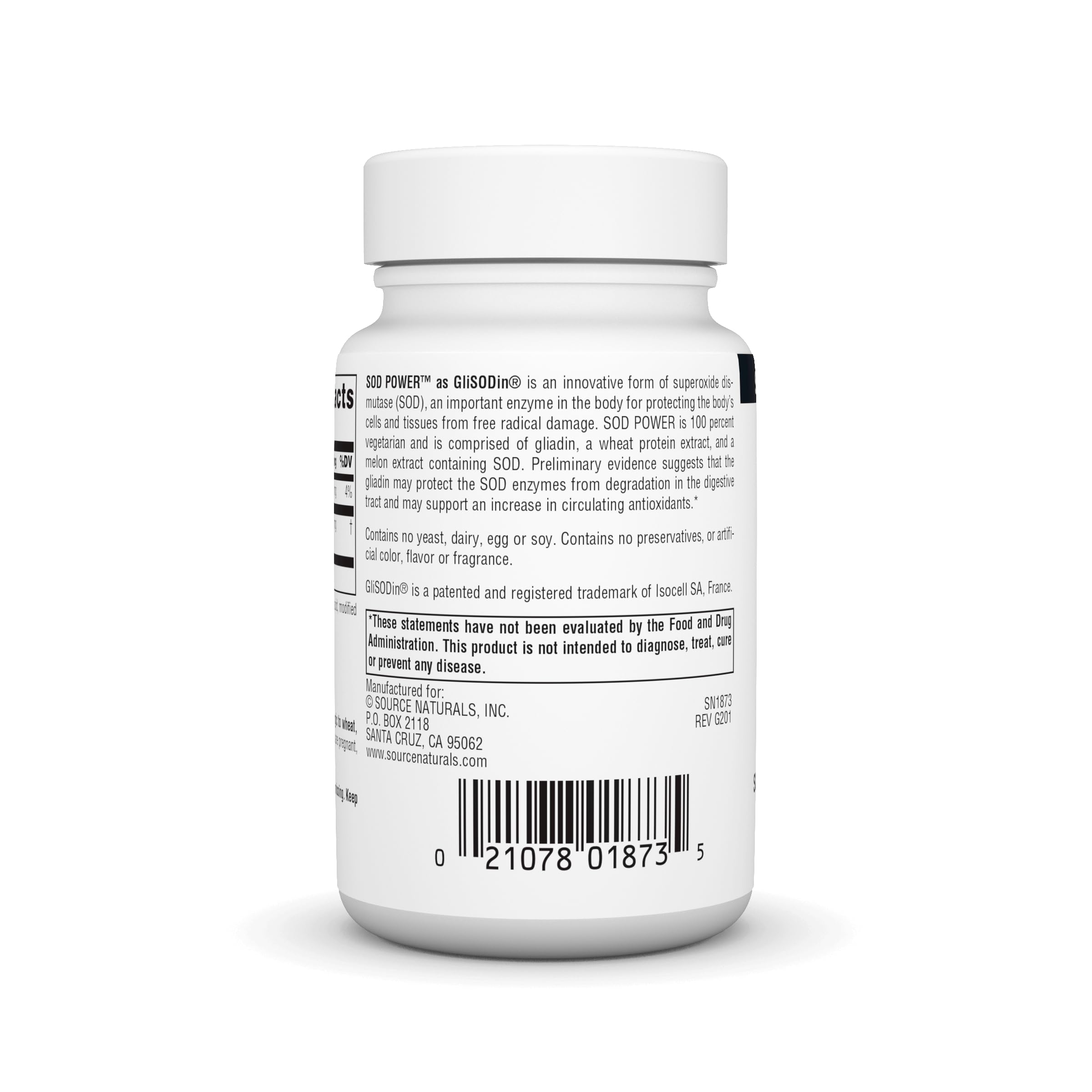 Source Naturals SOD Power ingredients label highlighting GliSODin-based SOD