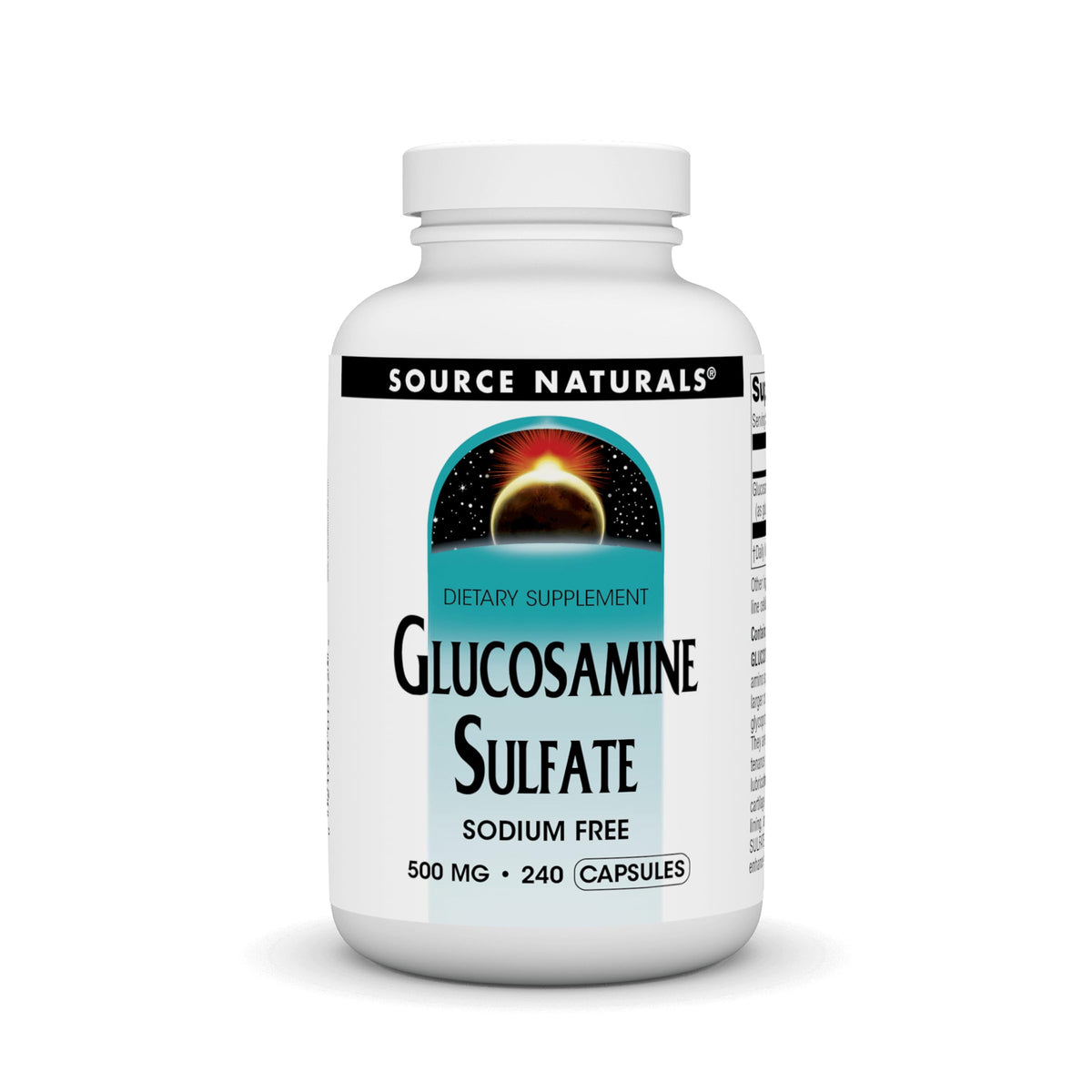 Source Naturals Sodium-Free Glucosamine Sulfate 500 mg bottle front for joint support potential.