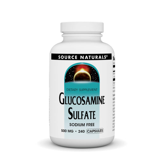 Source Naturals Sodium-Free Glucosamine Sulfate 500 mg bottle front for joint support potential.