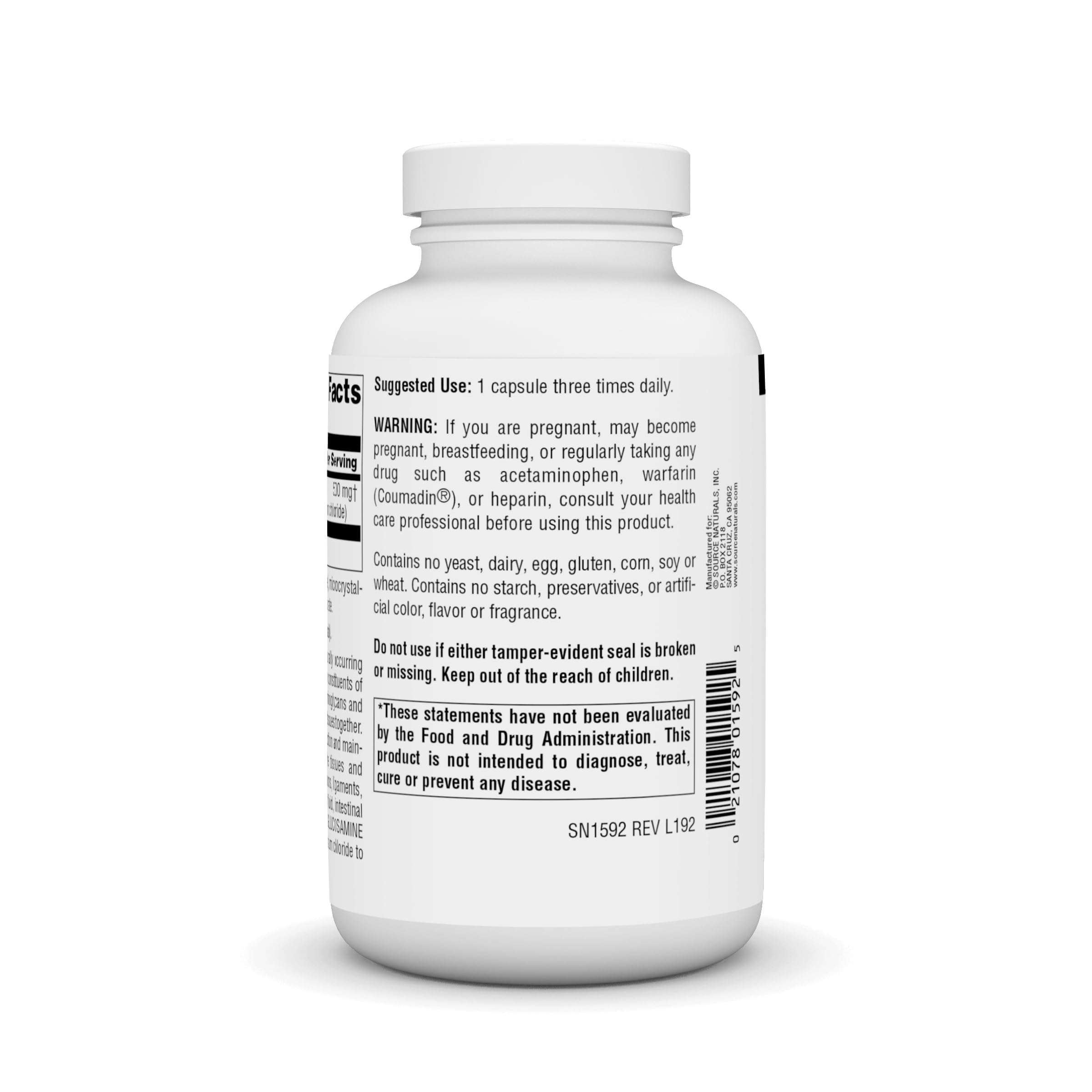 Source Naturals Sodium-Free Glucosamine Sulfate ingredients panel highlights clean, sodium-free formula.