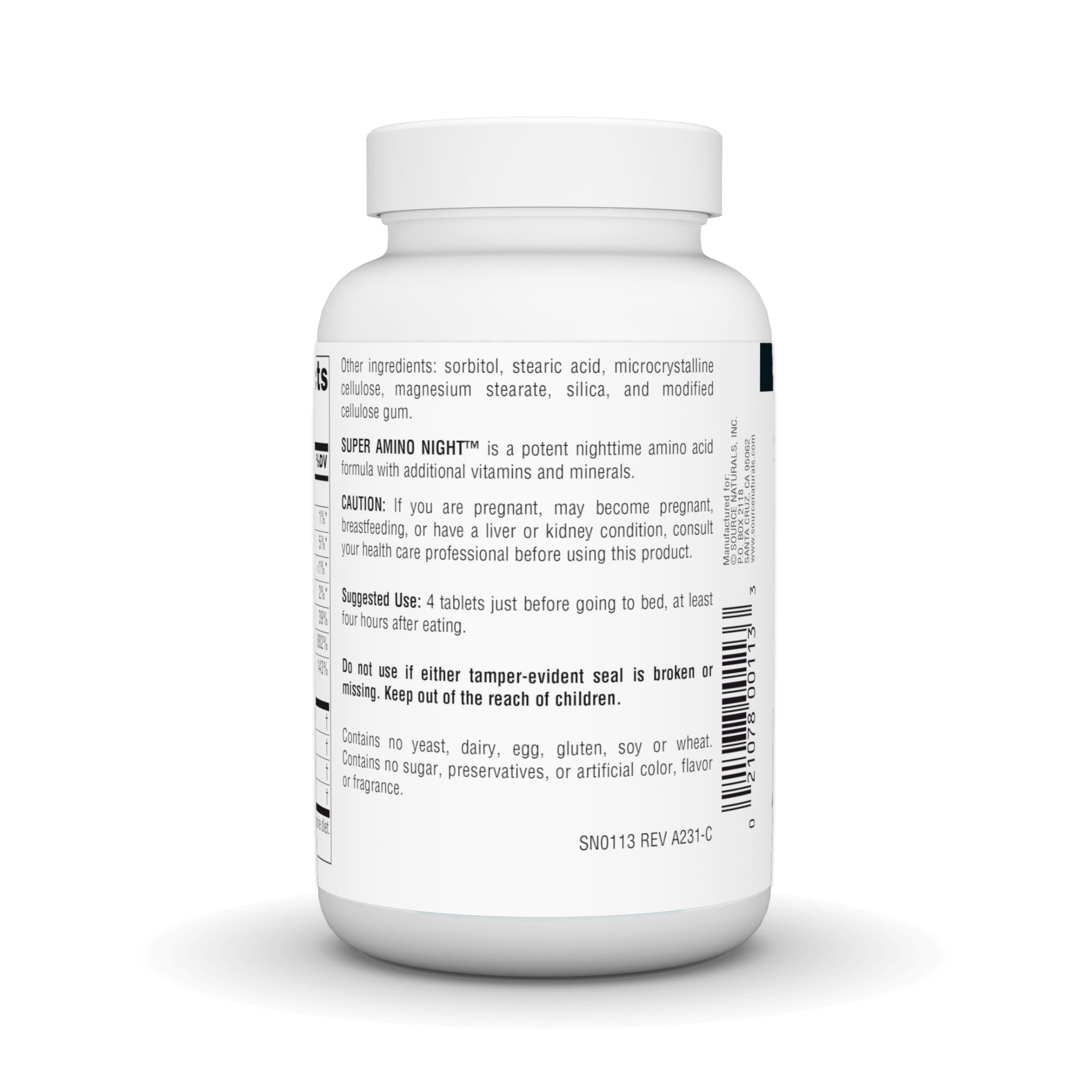 Source Naturals Super Amino Night bottle back panel with dosage instructions.