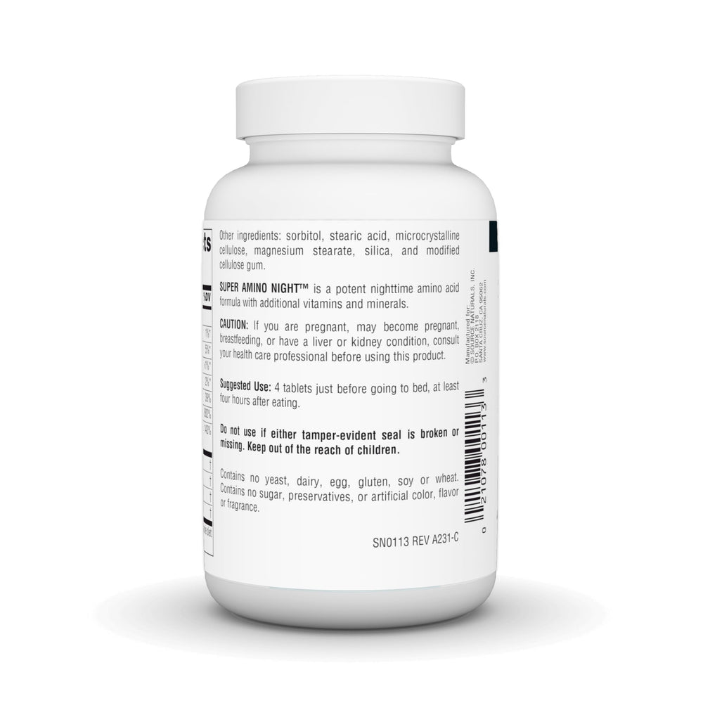 Source Naturals Super Amino Night bottle back panel with dosage instructions.