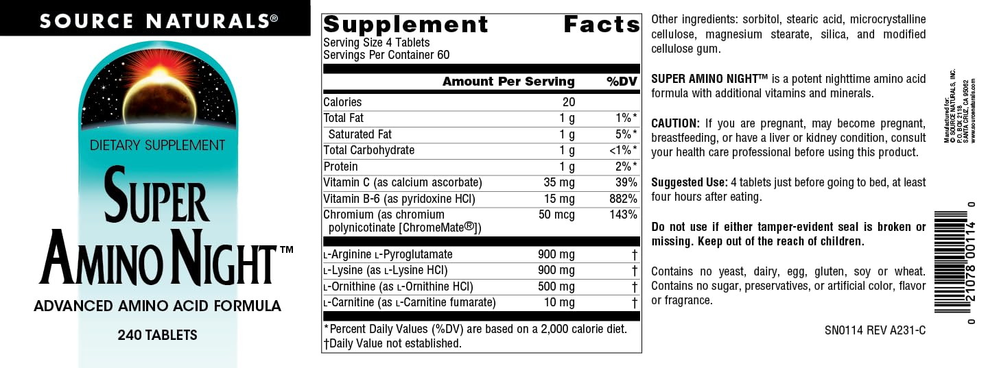 Source Naturals Super Amino Night label detail highlighting L-Arginine and Vitamin B-6.