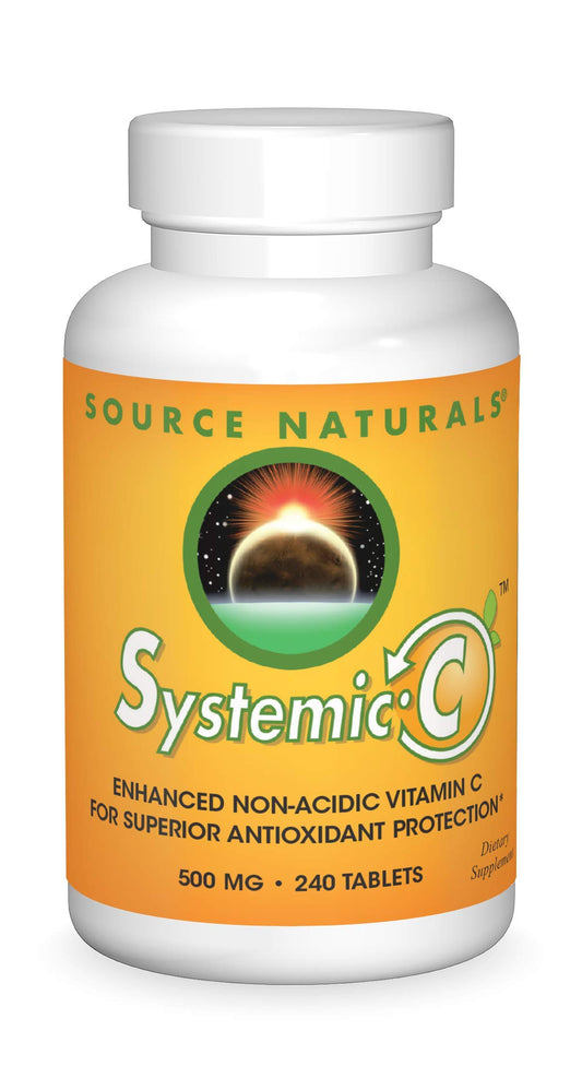 Source Naturals Systemic C 500mg bottle front, showing easy-to-swallow tablets for daily immune support.