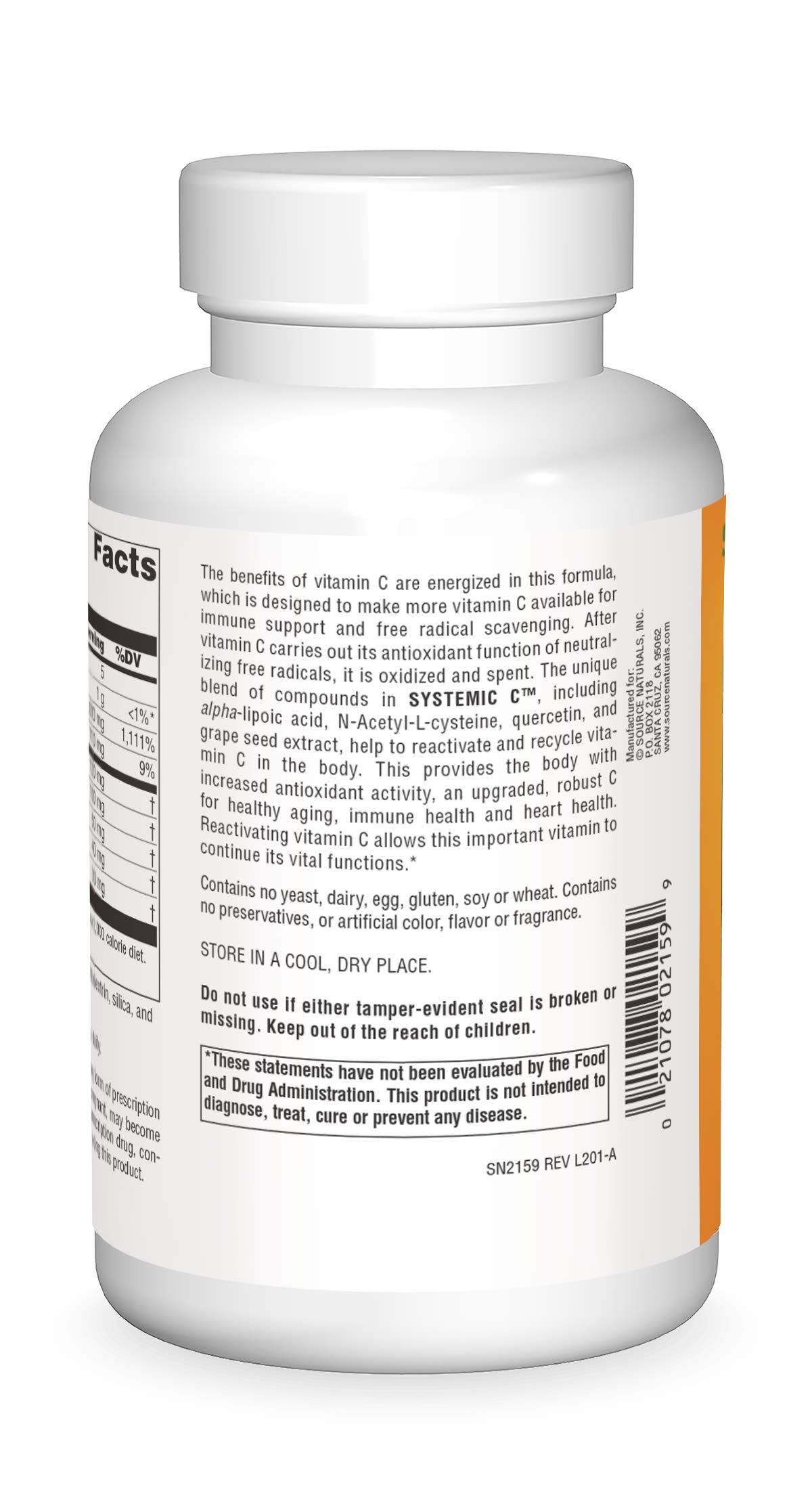 Source Naturals Systemic C 500mg bottle label highlighting potency and antioxidant potential