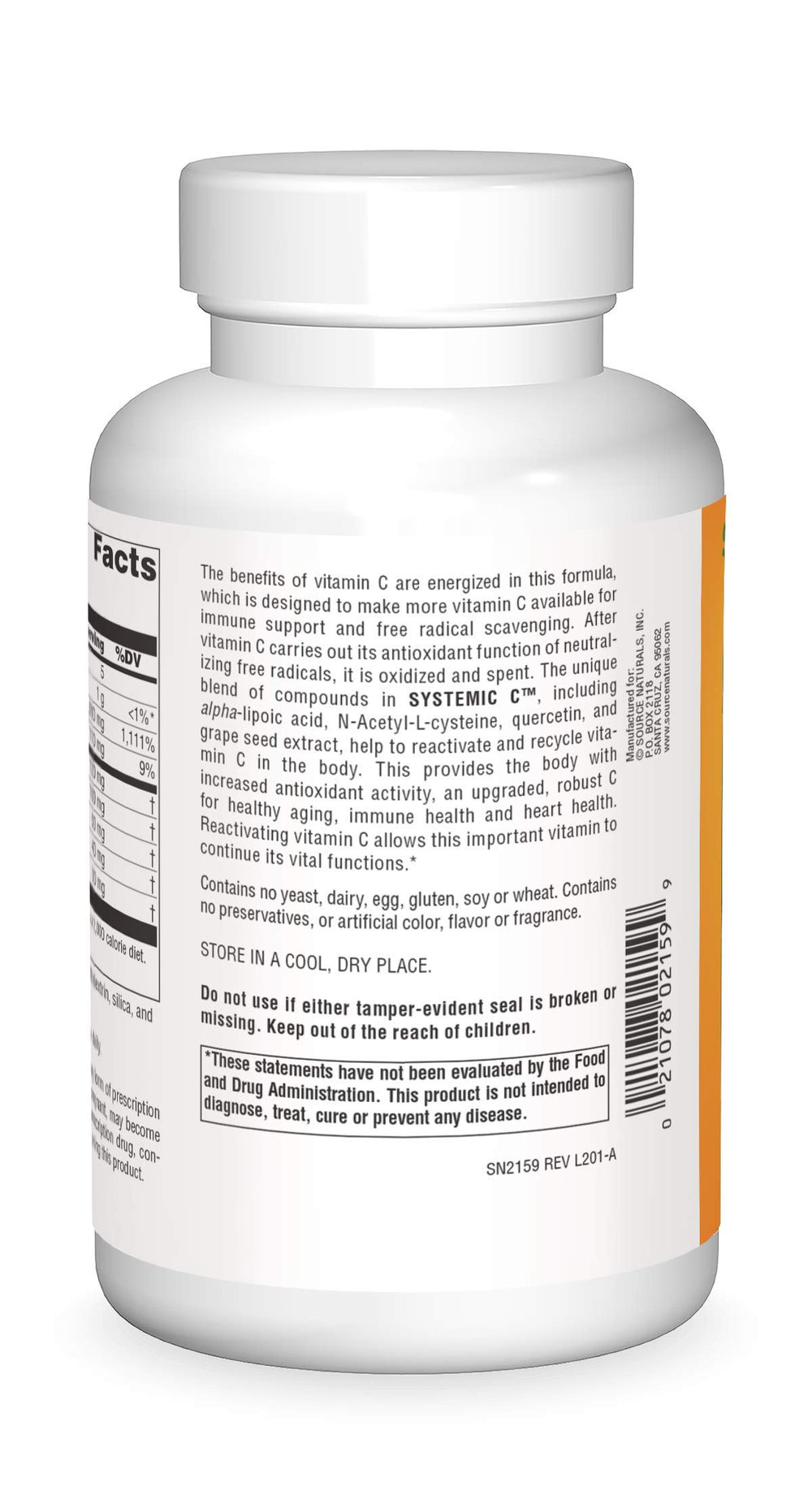 Source Naturals Systemic C 500mg bottle label highlighting potency and antioxidant potential