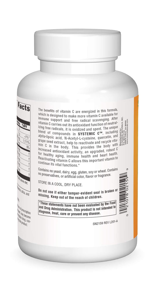 Source Naturals Systemic C 500mg bottle label highlighting potency and antioxidant potential