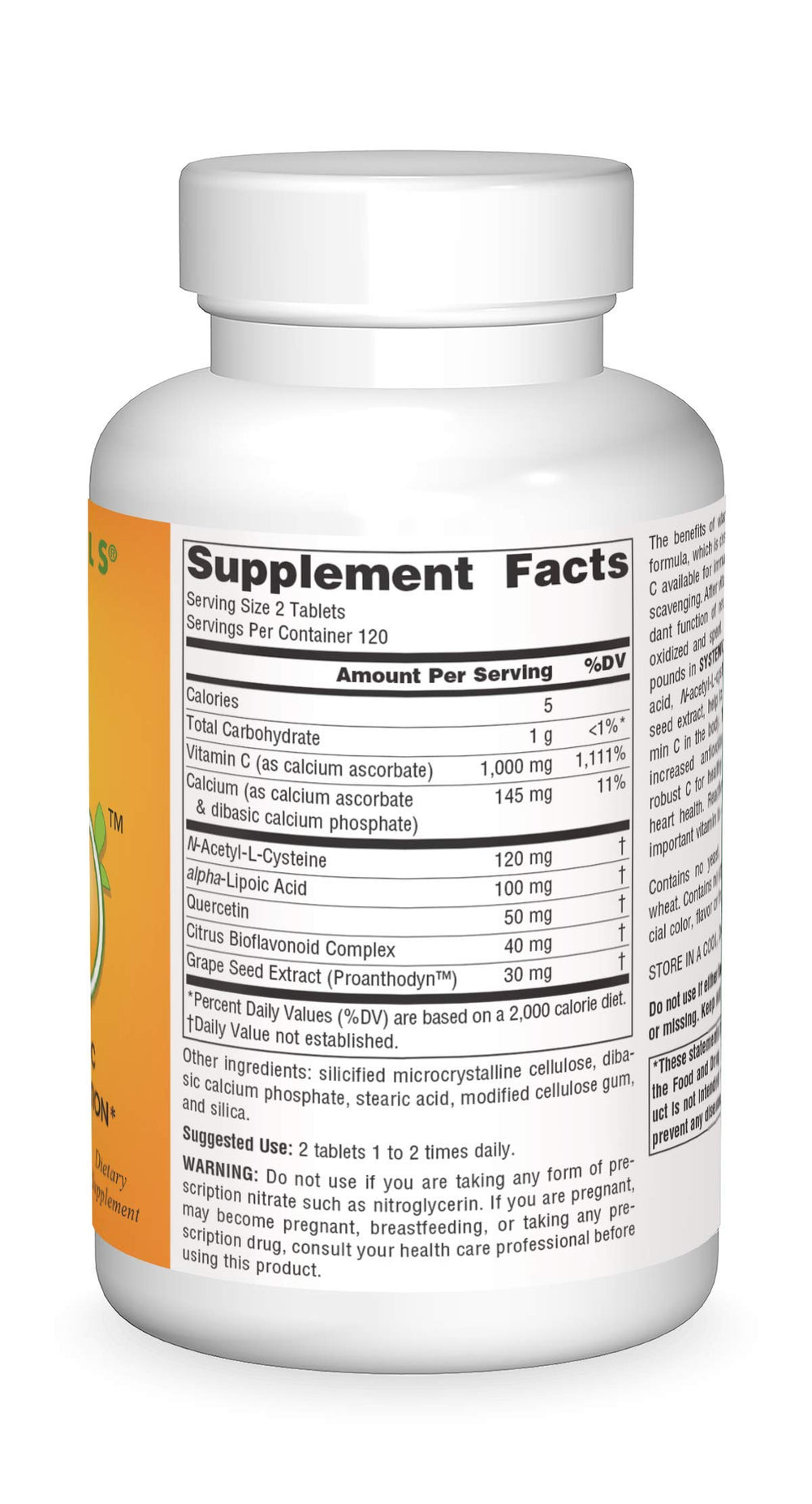Source Naturals Systemic C 500mg nutrition label closeup showing ingredients for informed choices.