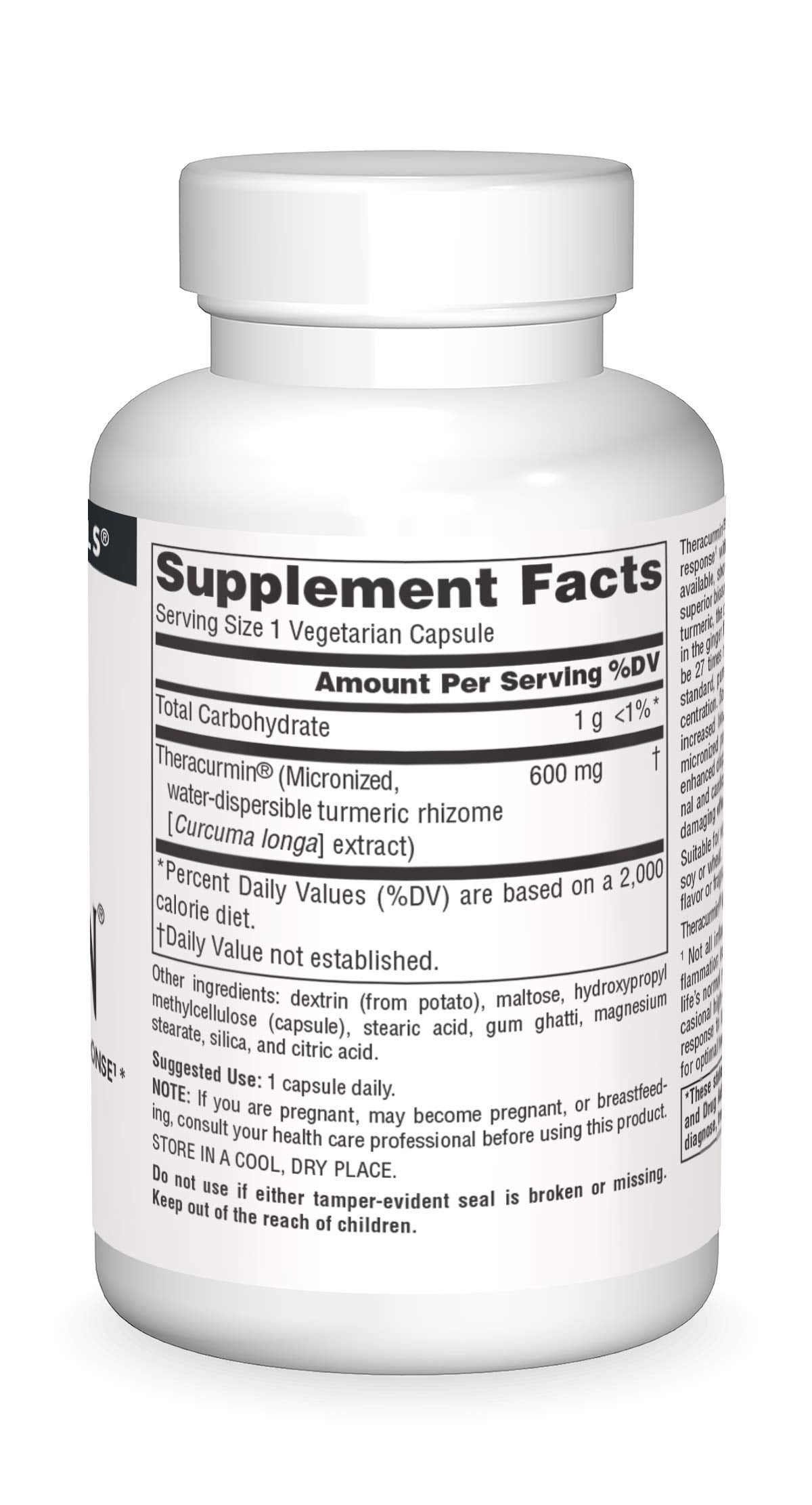 Source Naturals Theracurmin bottle label indicating clean ingredients and no artificial colors