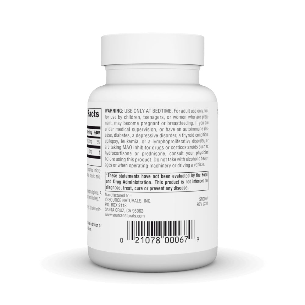 Source Naturals Time Released Melatonin bottle label view emphasizing USA manufacturing and GMP quality.