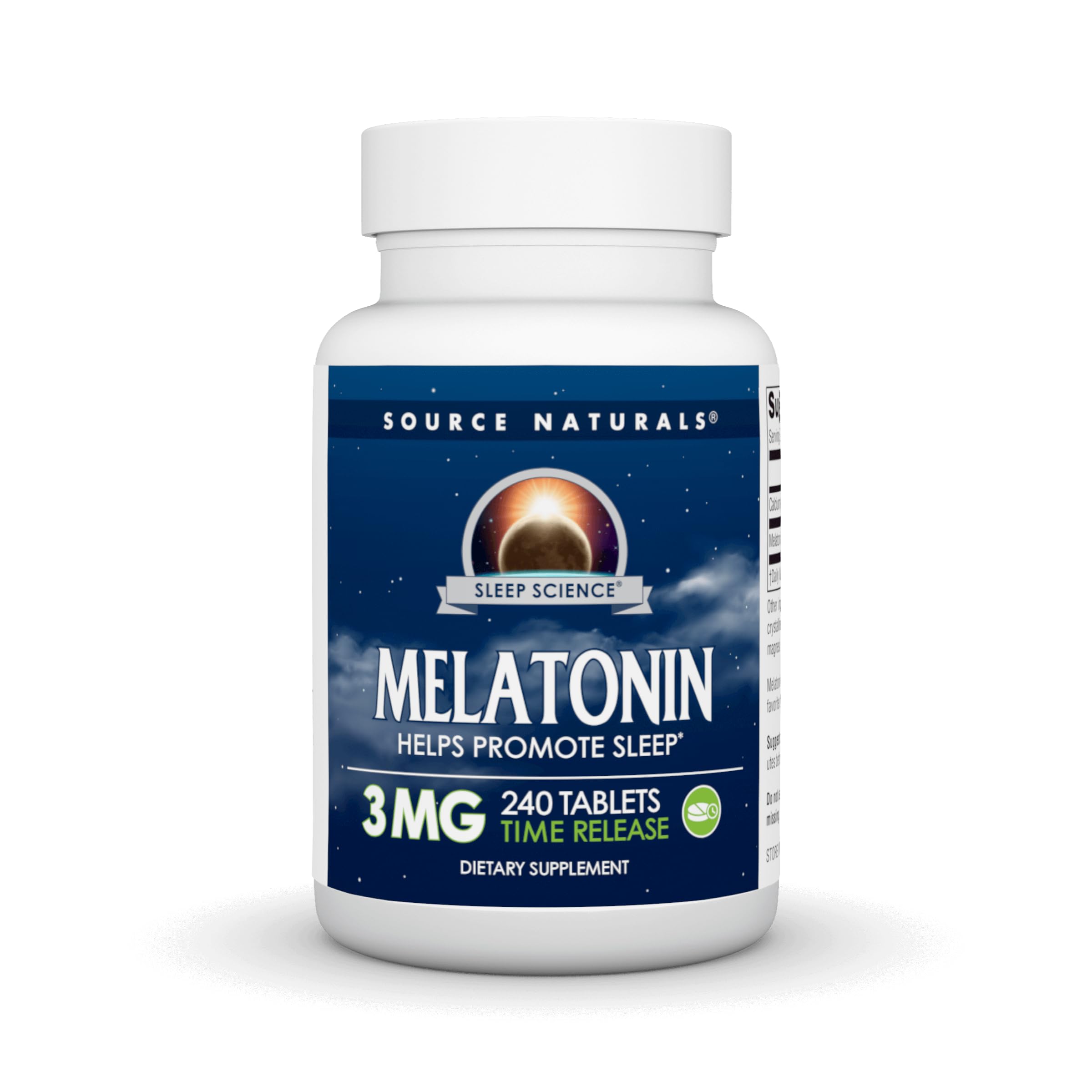 Source Naturals Time Released Melatonin bottle packaging with 240 tablets for sustained sleep support.