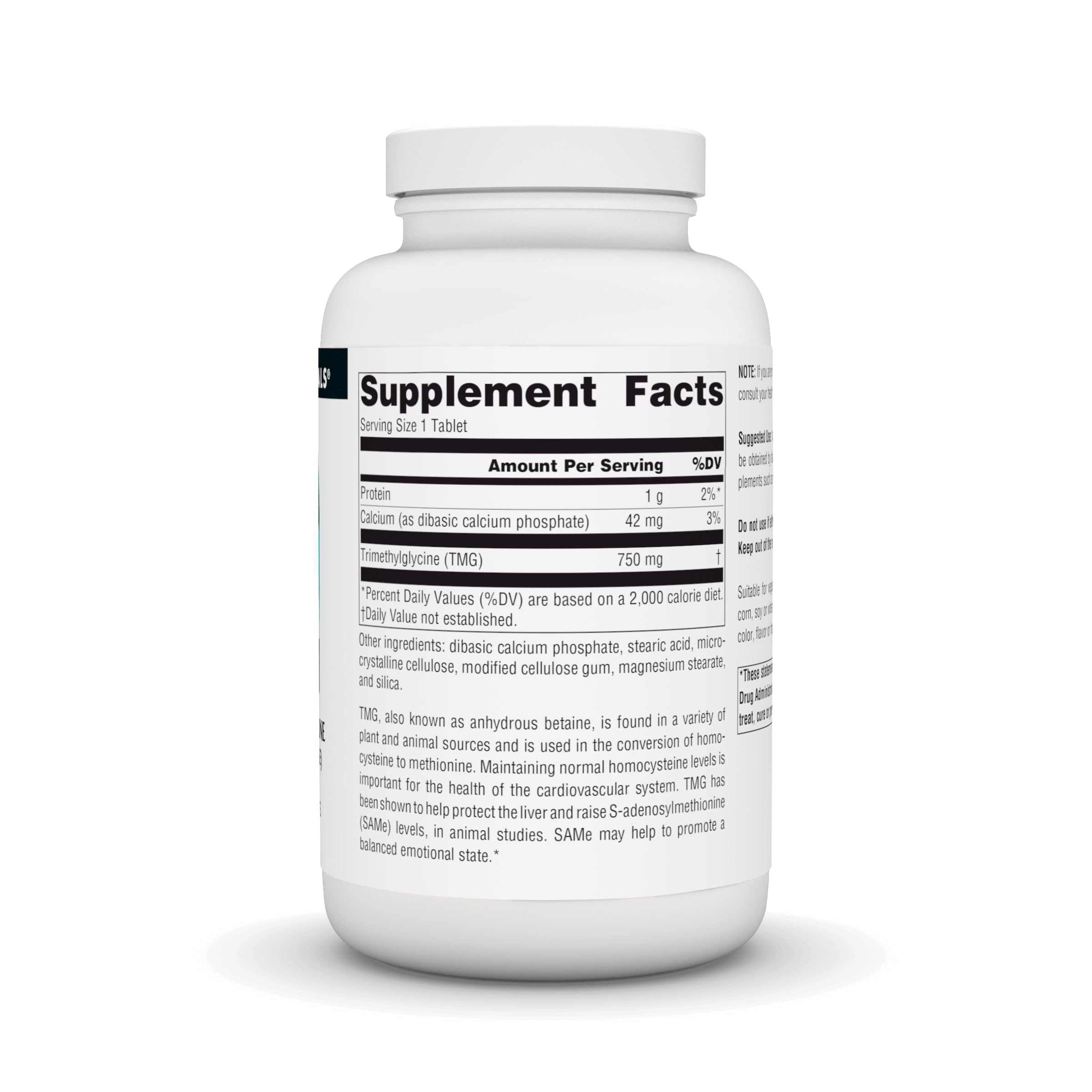 Closeup of Source Naturals TMG 750mg tablets, compact and easy to swallow