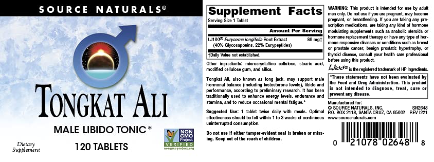 Source Naturals Tongkat Ali bottle side view highlighting cGMP manufacturing