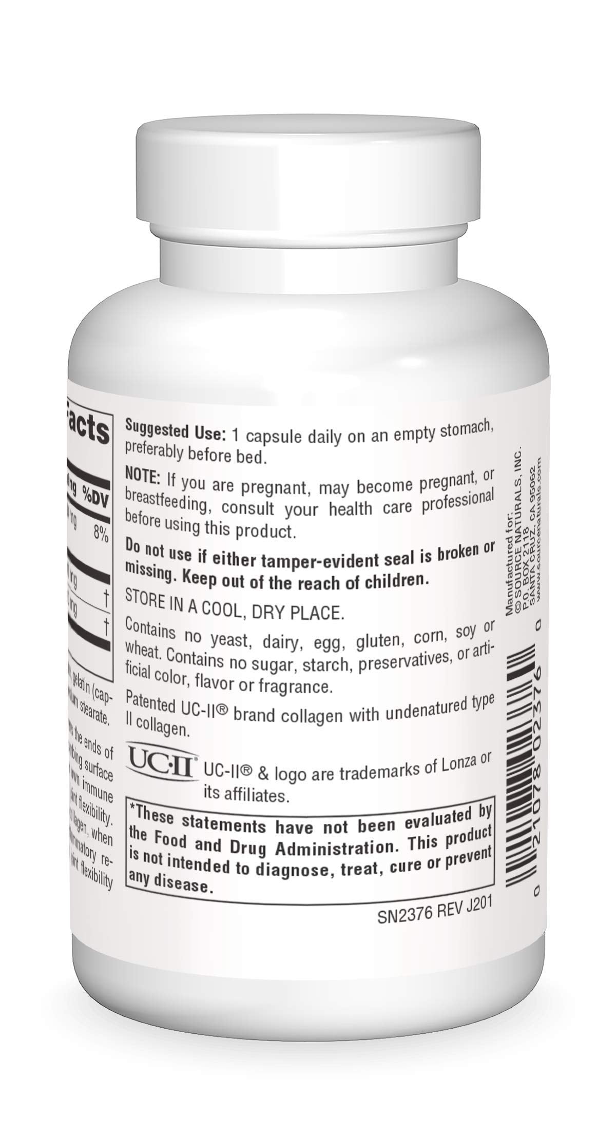 Source Naturals UC-II undenatured capsule label highlighting quality and purity benefits.