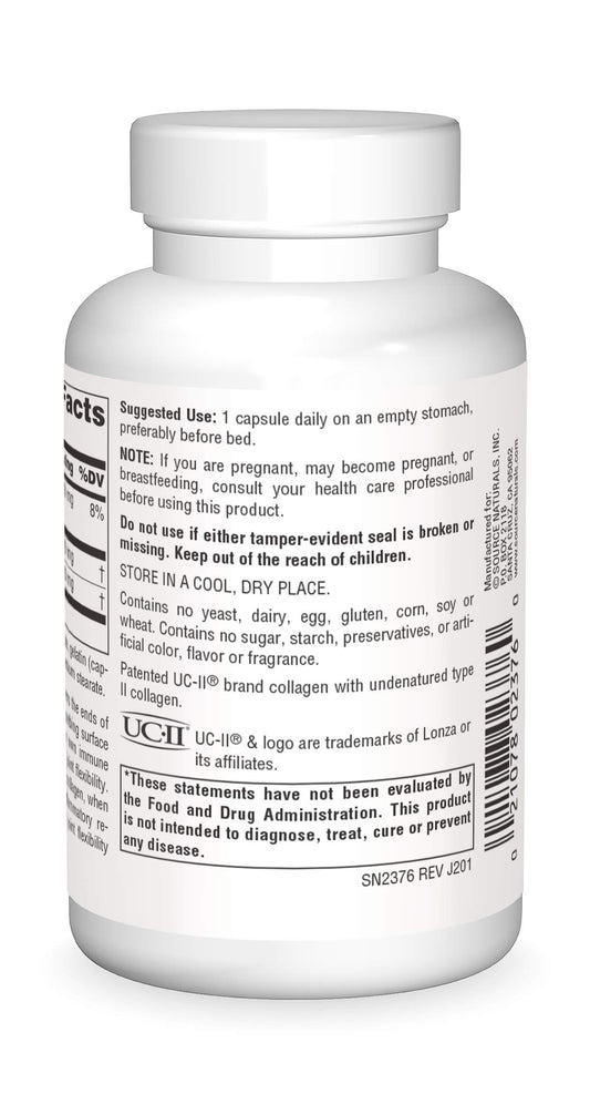 Source Naturals UC-II undenatured capsule label highlighting quality and purity benefits.
