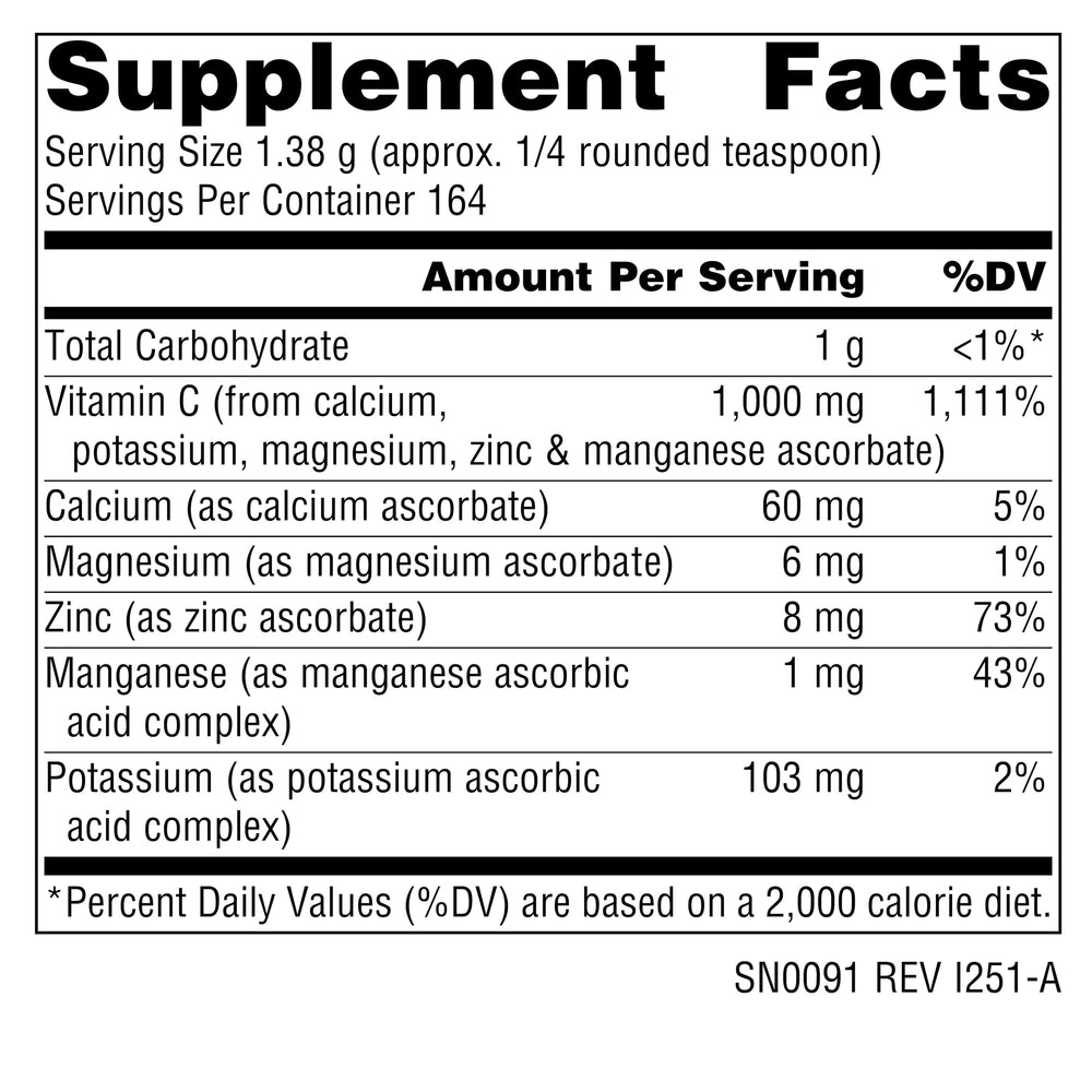 Source Naturals Ultimate Ascorbate C powder measuring scoop beside label for precise servings