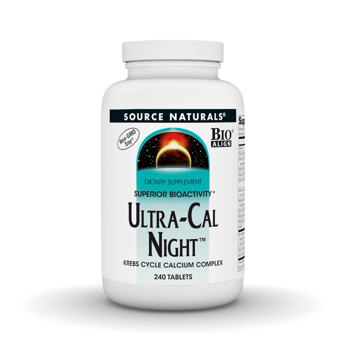 Source Naturals Ultra-Cal Night bottle pouring, highlighting night-time calcium delivery.