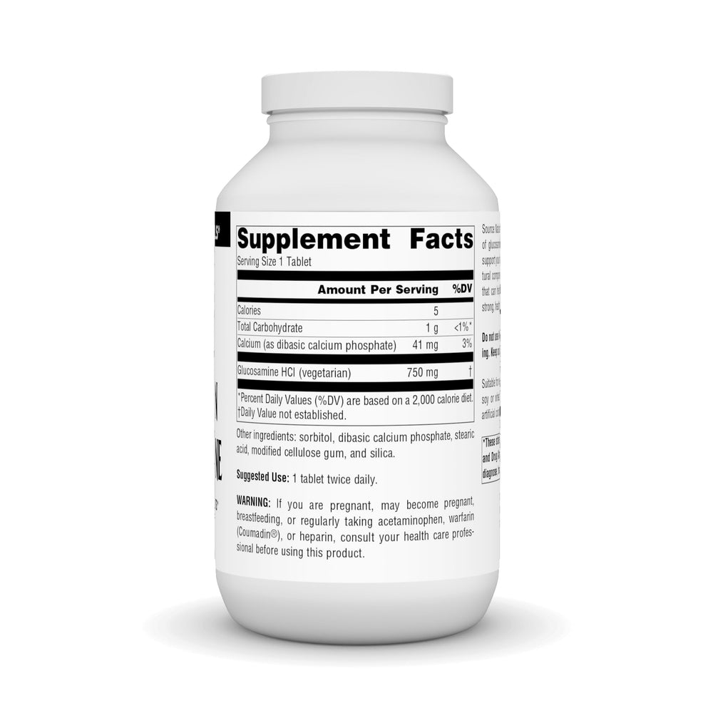 Source Naturals Vegetarian Glucosamine bottle back nutrition label shows allergen-free formula