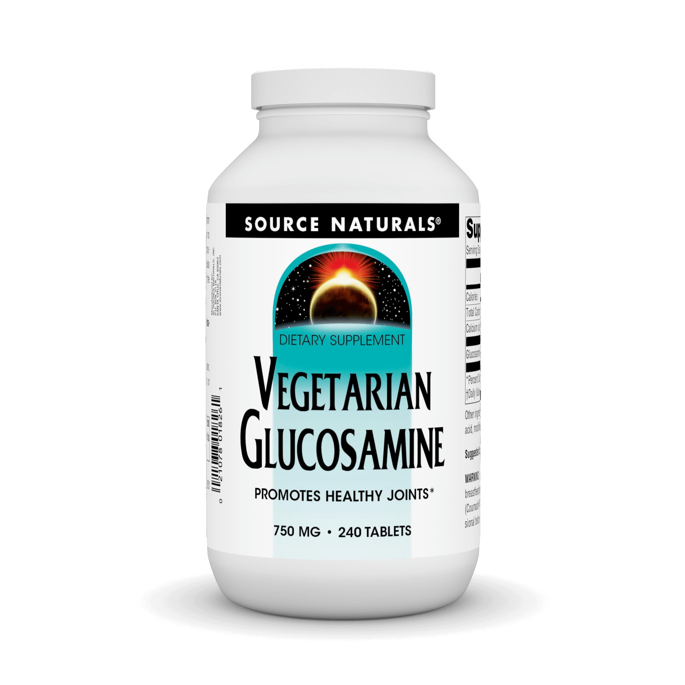 Source Naturals Vegetarian Glucosamine bottle front highlights 750 mg tablet for joint support