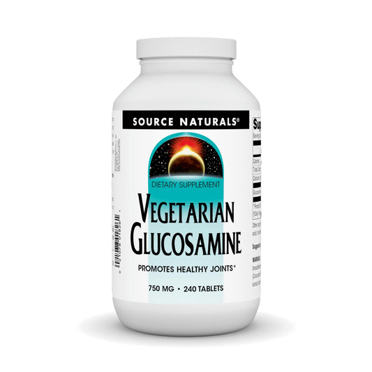 Source Naturals Vegetarian Glucosamine bottle front highlights 750 mg tablet for joint support
