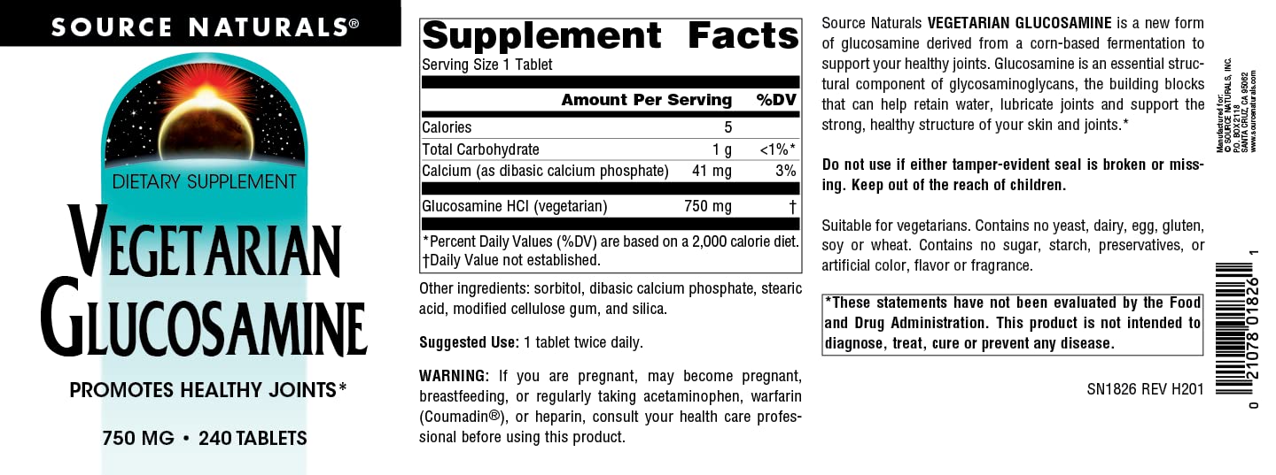 Source Naturals Vegetarian Glucosamine packaging box image with product details