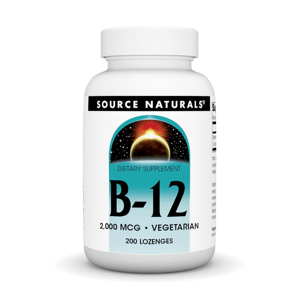 Source Naturals Vitamin B-12 bottle front showing vegetarian supplement for daily energy support
