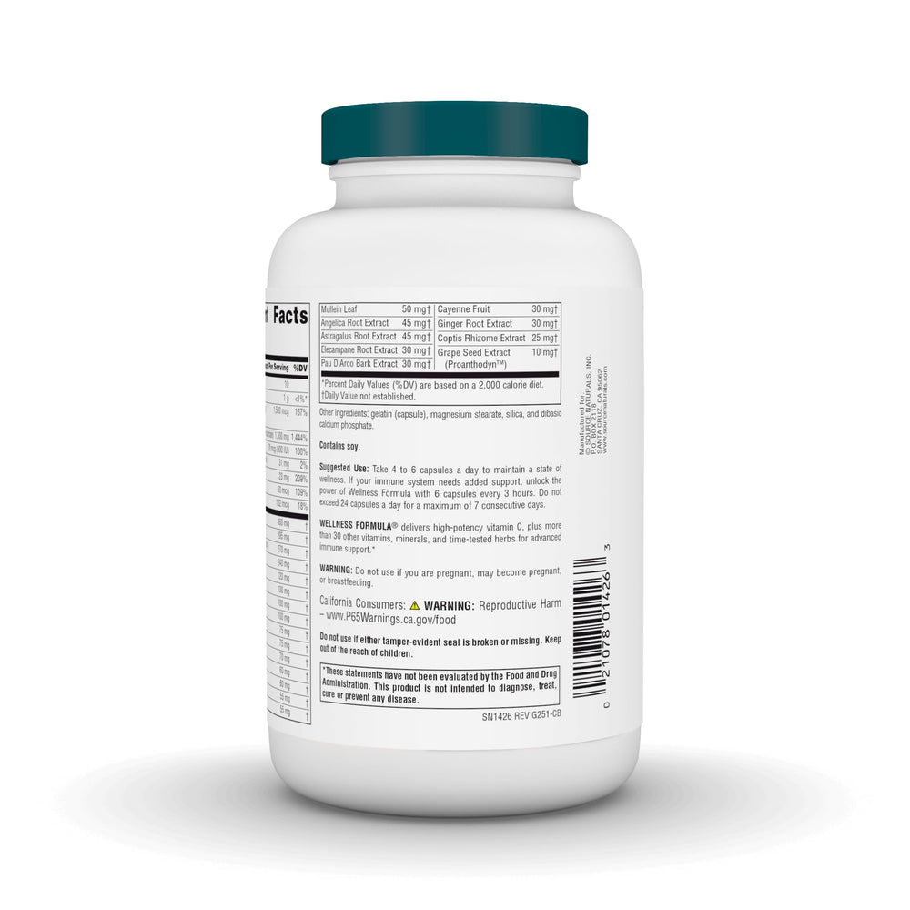 Source Naturals Wellness Formula label closeup, highlighting vitamins and botanicals for antioxidant protection.