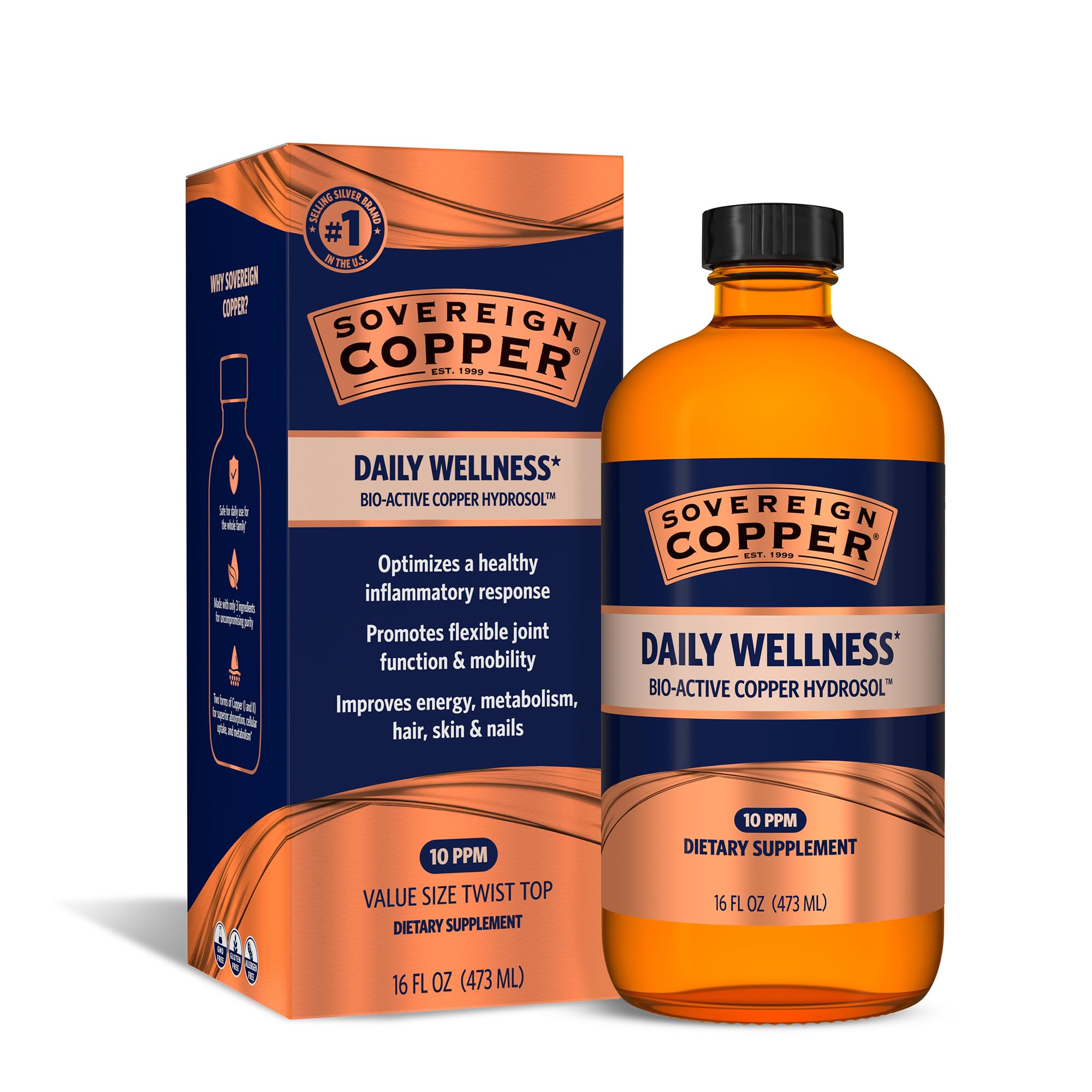 Sovereign Bio-Active Copper Hydrosol bottle pour for daily wellness with bioavailable copper.