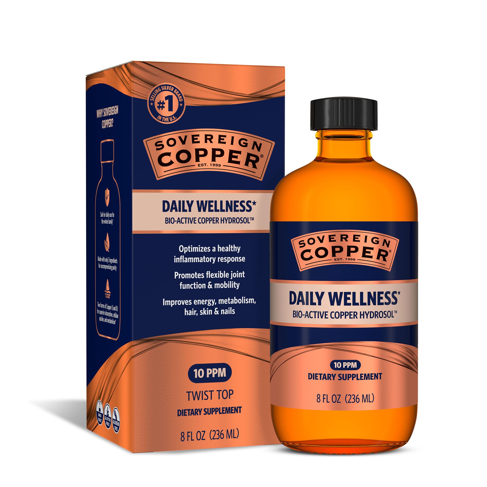 Sovereign Copper Bio-Active Copper Hydrosol bottle with clean label for daily use.