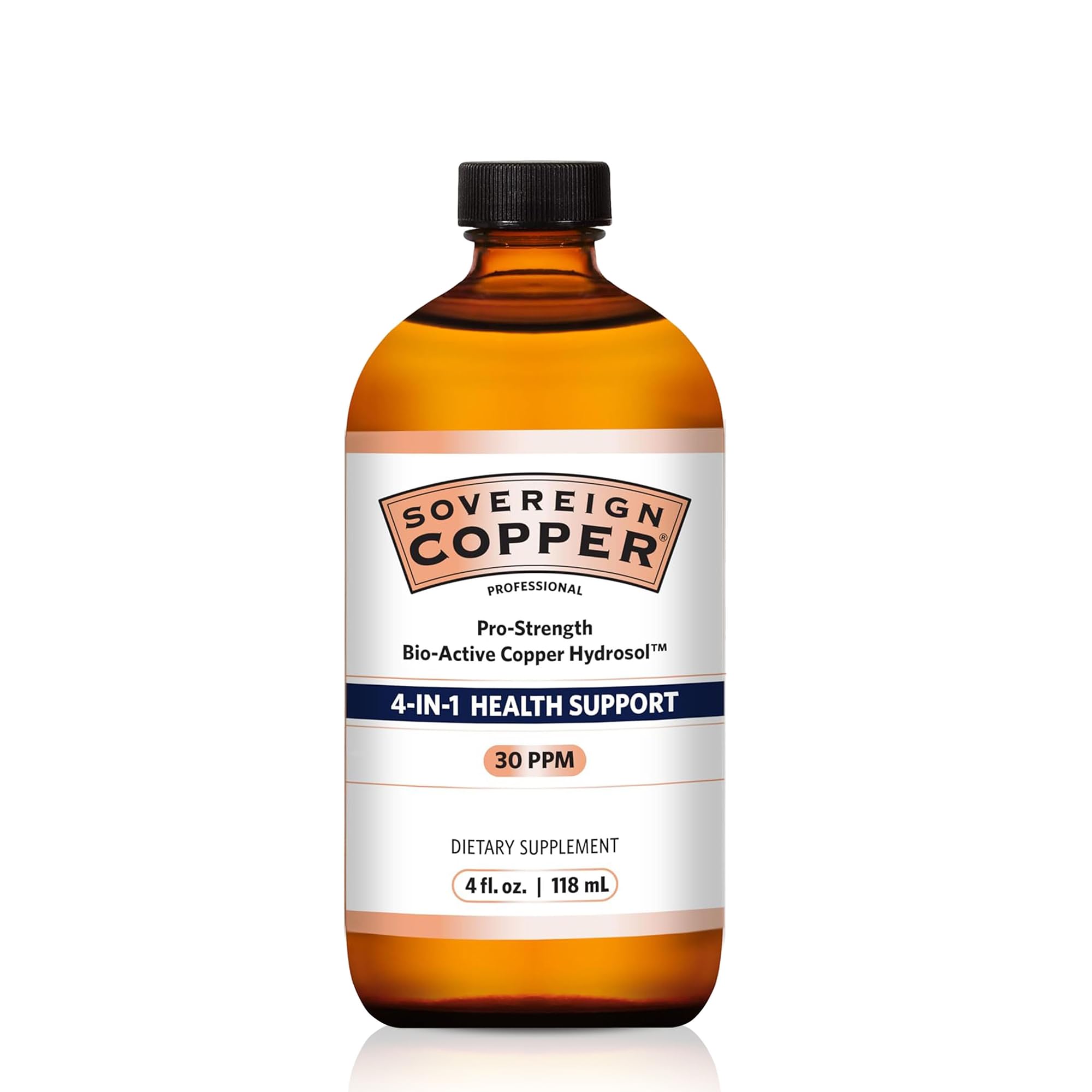 Sovereign Copper Pro-Strength bottle label highlights 30ppm content for quick daily reference